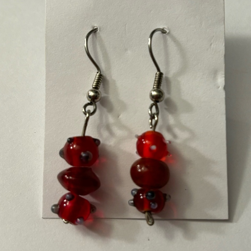 Handmade Handcrafted Beaded Dangle Earrings - red & purple